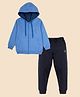 Kiddopanti Fleece Knit Full Sleeves Brand Logo Printed Light Winter Hooded Sweatshirt With Track Pants Set - Light & Navy Blue
