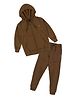 Kiddopanti Fleece Knit Full Sleeves Brand Logo Printed Light Winter Hooded Sweatshirt With Track Pants Set - Brown