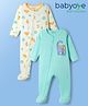 Babyoye  Interlock Knit Full Sleeves Footed Sleepsuit With Dino Print Pack Of 2 - Aqua & White