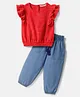 OLLINGTON ST. Cotton Woven Half Flutter Sleeves Polka Dot Printed Top & Denim Joggers  - Red & Blue