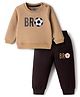 Mini Taurus Interlock Knit Full Sleeves T-Shirt & Lounge Pant Set With Text Print - Brown