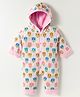 Yellow Apple Knit Full Sleeves Hooded Romper With Floral Print - Pink