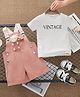 Mark & Mia Cotton Half Sleeves T-Shirt & Dungaree with Bear Applique - White