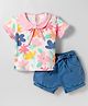 WOW Clothes Sinker Knit Half Sleeves Top & Denim Shorts Set With Floral Print - Pink & White