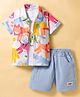 WOW Clothes Poplin Knit Half Sleeves Shirt & Shorts Set with Inner Tee & Animal Print - Blue