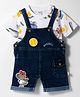 WOW Clothes Interlock Knit Dungaree & Half Sleeves T-Shirt With Dino Print & Patch - Blue & White