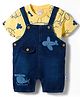 WOW Clothes Sinker Woven Dungaree & Half Sleeves T-Shirt With Vehicles Print & Embroidery - Yellow & Navy Blue