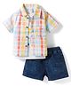 WOW Clothes Sinker Knit Checkered Half Sleeves Shirt & Shorts Set with Inner Tee - Orange