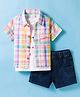 WOW Clothes Sinker Knit Checkered Half Sleeves Shirt & Shorts Set with Inner Tee - Green