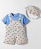 WOW Clothes Interlock Knit Checks Dungaree & Half Sleeves T-Shirt With Car Print & Cap - Light Blue & Grey