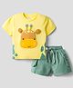 WOW Clothes Cotton Woven Half Sleeves T-Shirts & Shorts Set With Giraffe Patch Embroidery - Teal Blue  & Yellow