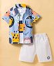 WOW Clothes Poplin Knit Half Sleeves Shirt & Shorts Set with Inner Tee & Animal Print - Blue