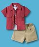 WOW Clothes Sinker Knit Half Sleeves Solid Color Shirt & Shorts Set with Inner Tee & Frog Patch - Rust & Beige