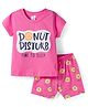 Smarty Girls Sinker Knit Half Sleeves Shorts Night Suit with Donuts Prints - Dark Pink