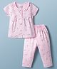 Smarty Girls Sinker Knit Half Sleeves Co-ords Top & Pyjama Night Suit with Floral Print - Pink