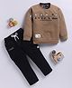LTZ CLUB Cotton Blend Knit Full Sleeves Typography Printed Tee & Pant Set - Brown
