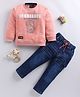 LTZ CLUB Cotton Blend Knit Full Sleeves Typography Printed Tee & Jeans Set - Peach