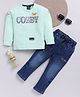 LTZ CLUB Cotton Blend Knit Full Sleeves Cozey Text Printed Tee & Jeans Set - Green