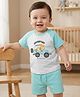 Babyoye 100% Cotton Knit Half Raglan Sleeves T-Shirt & Shorts Set with Animal Print - Aqua Blue & White