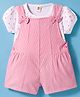 ToffyHouse Cotton Knit Half Sleeves Dungaree & T-Shirt with Checks Bow Applique & Dot Print - Pink & White