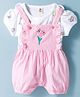 ToffyHouse Cotton Woven Checkered Dungaree & Half Sleeves Inner Tee with Floral Print & Embroidery - Pink & White