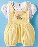 ToffyHouse Cotton Woven Checkered Dungaree with Half Puffed Sleeves Top with Bee Print & Embroidery - Yellow & White