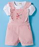 Toffyhouse Cotton Woven Half Puff Sleeves T-Shirt & Dungaree Set With Floral Embroidery & Frill Detailing - Light Peach