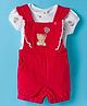ToffyHouse Cotton Knit Half Sleeves T-Shirt & Dungaree with Teddy Patch and Print - Red & White