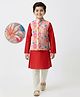 EARTHY TOUCH Cotton Woven Full Sleeves Kurta Pyjama Set With Floral Printed Nehru Jacket - Red & Grey