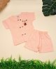 A Toddler Thing 100% Muslin Woven Half Sleeves Teddy Embroidered Shirt & Shorts Set - Peach