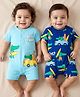 Babyhug 100% Cotton Knit Half Sleeves Rompers with Dino Print Pack of 2 - Navy & Light Blue