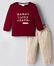 First Smile Interlock Knit Full Sleeves T-Shirt & Lounge Pant Set With Text Print - Maroon