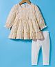 Simply Premium Woven Full Sleeves Checks Frock With Bow Applique & Leggings - Beige