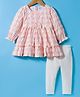 Simply Premium Woven Full Sleeves Checks Frock With Bow Applique & Leggings - Peach