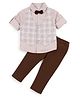 Simply Premium Cotton Woven Full Sleeves Party Shirt & Pant Set with Bow Applique & Checks - Brown