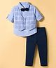 Simply Premium Cotton Woven Full Sleeves Party Shirt & Pant Set with Bow Applique & Checks - Light Blue