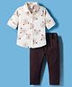 Simply Premium Twill Woven Full Sleeves Shirt & Pant Set with Bear Print - Cream & Brown