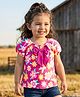 Babyhug Cotton Knit Half Puffed Sleeves Top with Floral Print & Bow Applique - Dark Pink