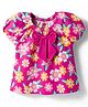 Babyhug Cotton Knit Half Puffed Sleeves Top with Floral Print & Bow Applique - Dark Pink