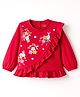 Babyhug Cotton Knit Full Sleeves Top with Floral & Animal Print & Frill Detailing - Red