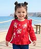 Babyhug Cotton Knit Full Sleeves Top with Floral & Animal Print & Frill Detailing - Red