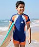Pine Kids Half Raglan Sleeves Text Printed Legged Swimsuit with Cap- Navy Blue