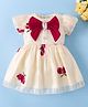 Mark & Mia Half Sleeves Frock with Floral Embroidery & Bow Applique - Beige