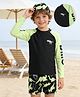 Pine Kids Raglan Full Sleeves Two Piece Swimsuit & Cap Text with Dino Print - Black