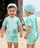 Babyhug Half Raglan Sleeves Legged Swimsuit With Dino Print & Cap - Sea Green