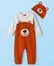 Babyhug 100% Cotton Knit Full Sleeves Romper With Cap Bear Embroidery & Applique - Brown