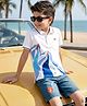 OLLINGTON ST. Cotton Half Sleeves Printed Polo T-Shirt & Stretchable Denim Shorts Set - White & Blue