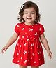 Doodle Poodle 100% Cotton Single Jersey Knit Half Sleeves Frock With Bloomer & Bow Print - Red