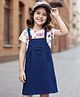 OLLINGTON ST. Cotton Half Sleeves Printed Inner Top & Stretchable Denim Pinafore  - White & Navy Blue