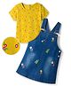 OLLINGTON ST. Cotton Half Sleeves Printed Inner Top & Denim Pinafore with Embroidery-Yellow & Blue